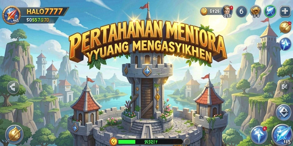 Tampilan gameplay seru dalam HALO777 dengan menara dan musuh yang beragam.