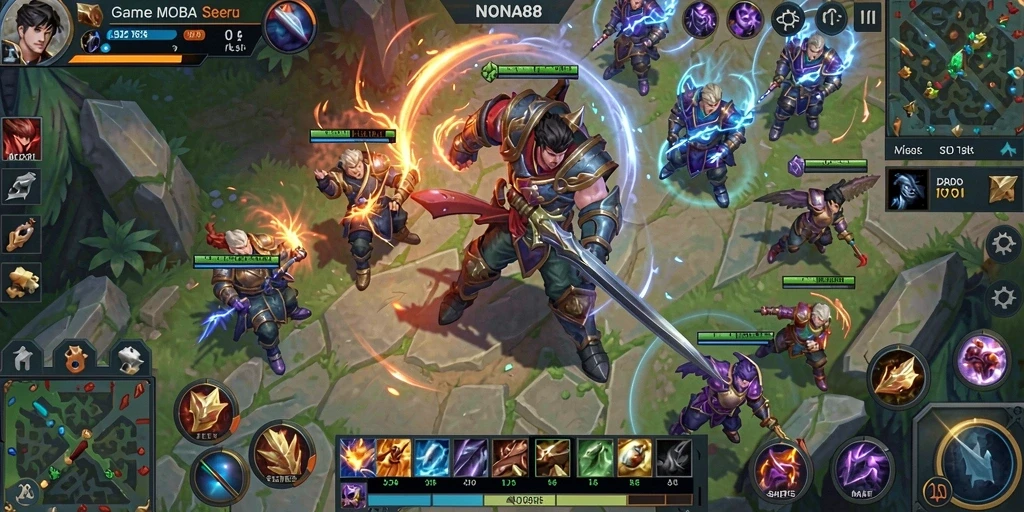 Tampilan gameplay NONA88 dengan aksi seru tim di arena MOBA.